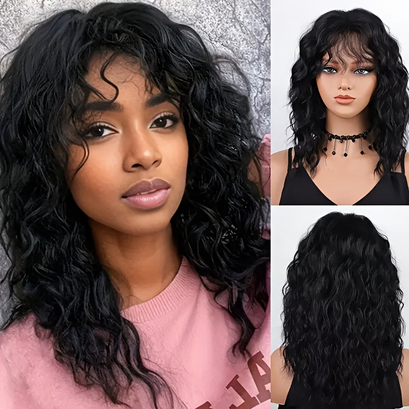 Synthetic Wig 18-Inch Black Water Waves with Full Bangs, 150% Density and Rose Mesh Cap for Costume Styling
