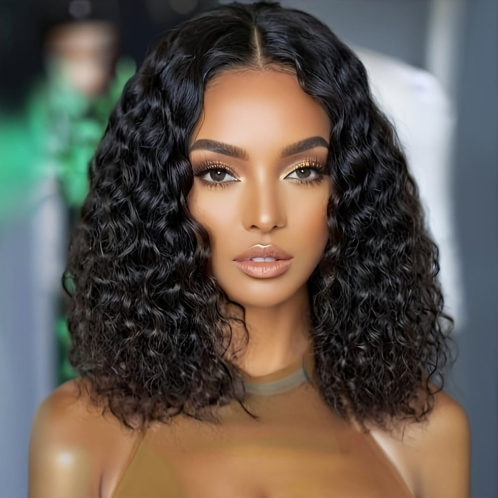 Wig Short Rounded Curl Style in Black, 14-Inch Synthetic Fiber with Closed Cap and Glueless Design