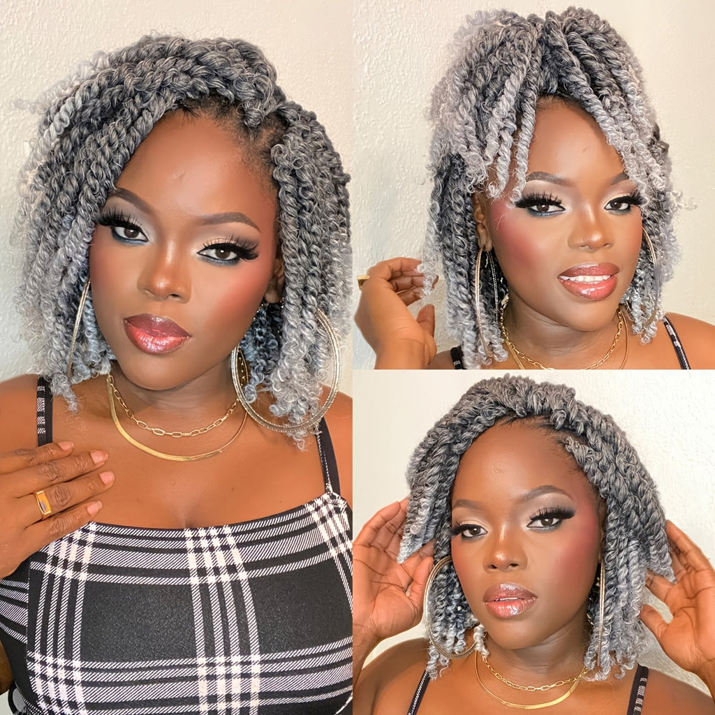 Wig Short Ombre-Gray Dreadlock Curl Style, 12-Inch Synthetic Fiber with Average-Size Open-Weft Cap