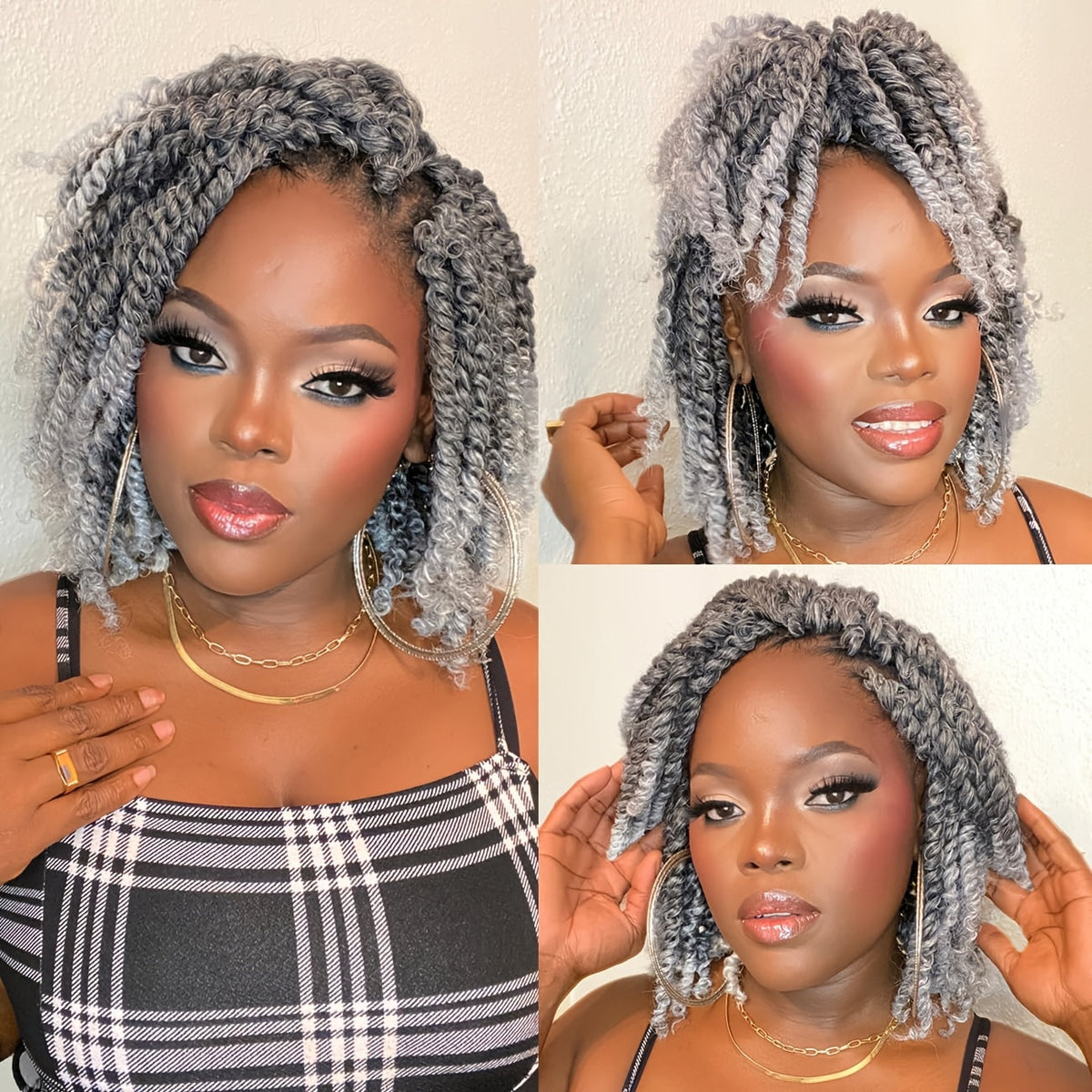 Wig Short Ombre-Gray Dreadlock Curl Style, 12-Inch Synthetic Fiber with Average-Size Open-Weft Cap