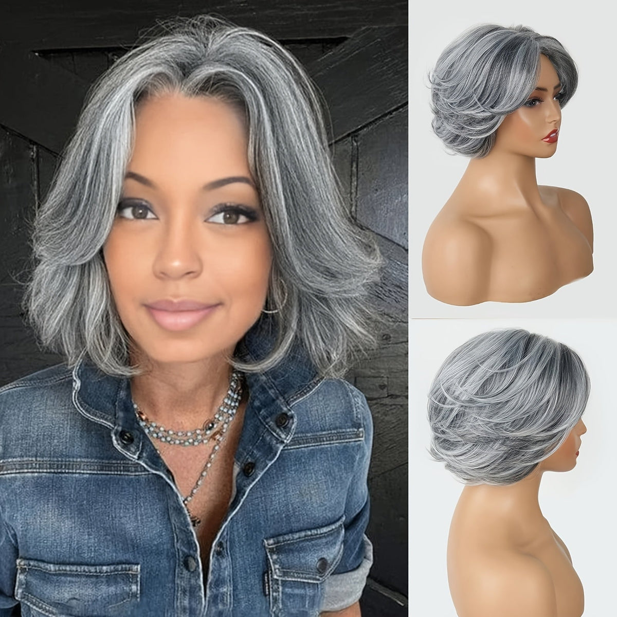 Curly Wig – Grey Layered Bob Wig with Curtain Bangs for Women – 12 Inch Short Wavy Curly Synthetic Pixie Bob