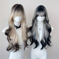 Synthetic Wig 24-Inch Y2K Ombre Curly Waves with Bangs in Gray-Black or Golden-Brown for Festival Styling