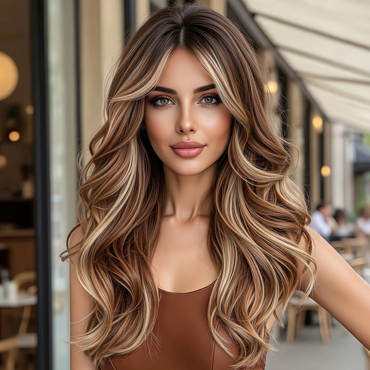 Synthetic Wig 24-Inch Coffee Brown Layered Waves with Butterfly Bangs and Adjustable Cap for Daily Styling
