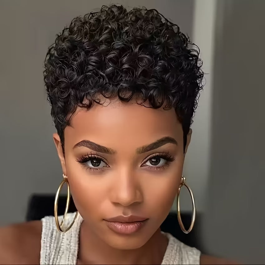 Synthetic Wig 10-Inch Black Short Curls with Fiber and Thickened Button Mesh Cap with Item-Specific Color, Length, Texture and Cap Choices