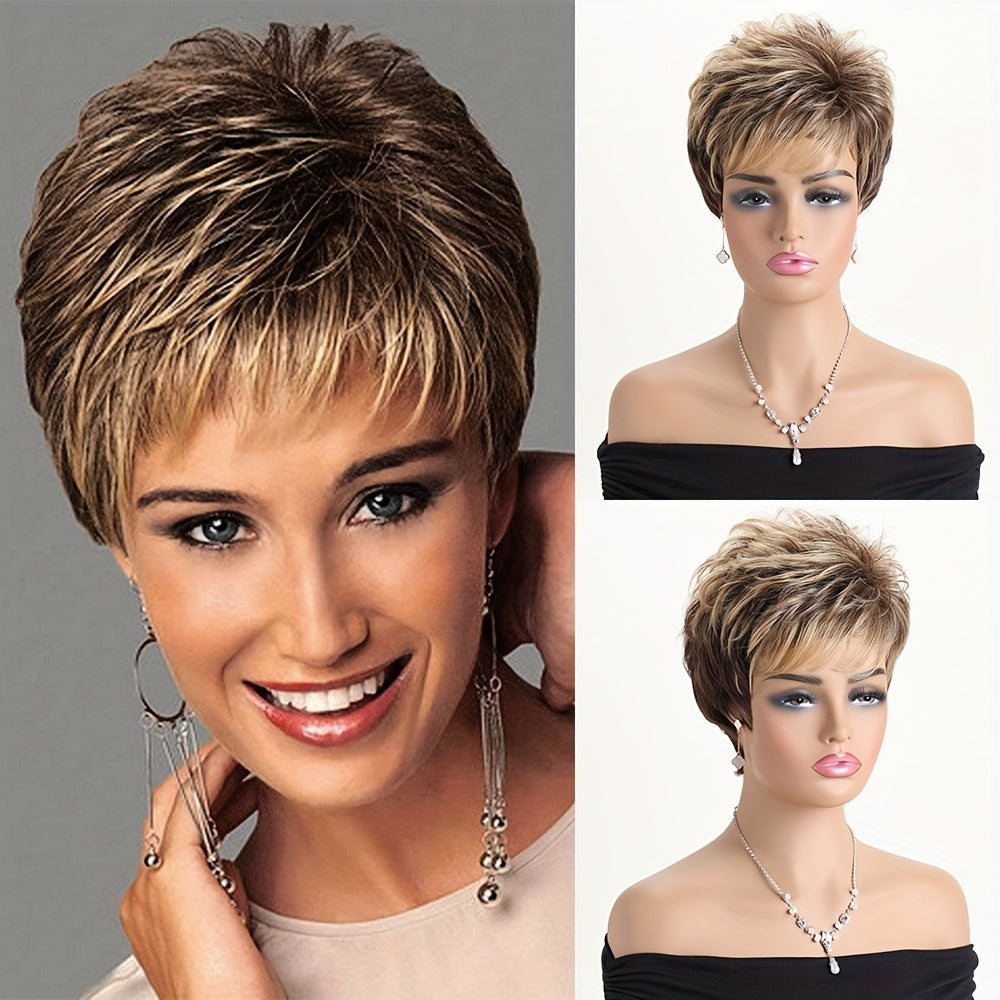 Synthetic Wig 10-Inch Mixed Brown Short Curls with Rose Net Cap, Straps and Inner Combs for Daily Styling