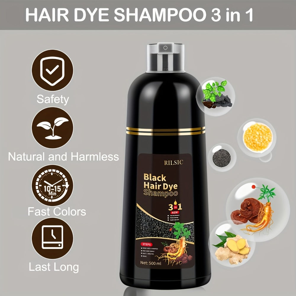 RILSIC 3-in-1 Gray Hair Color Shampoo with Plant Squalene – 100% Gray Coverage Wash & Condition Instant Results, No Mix No Ammonia
