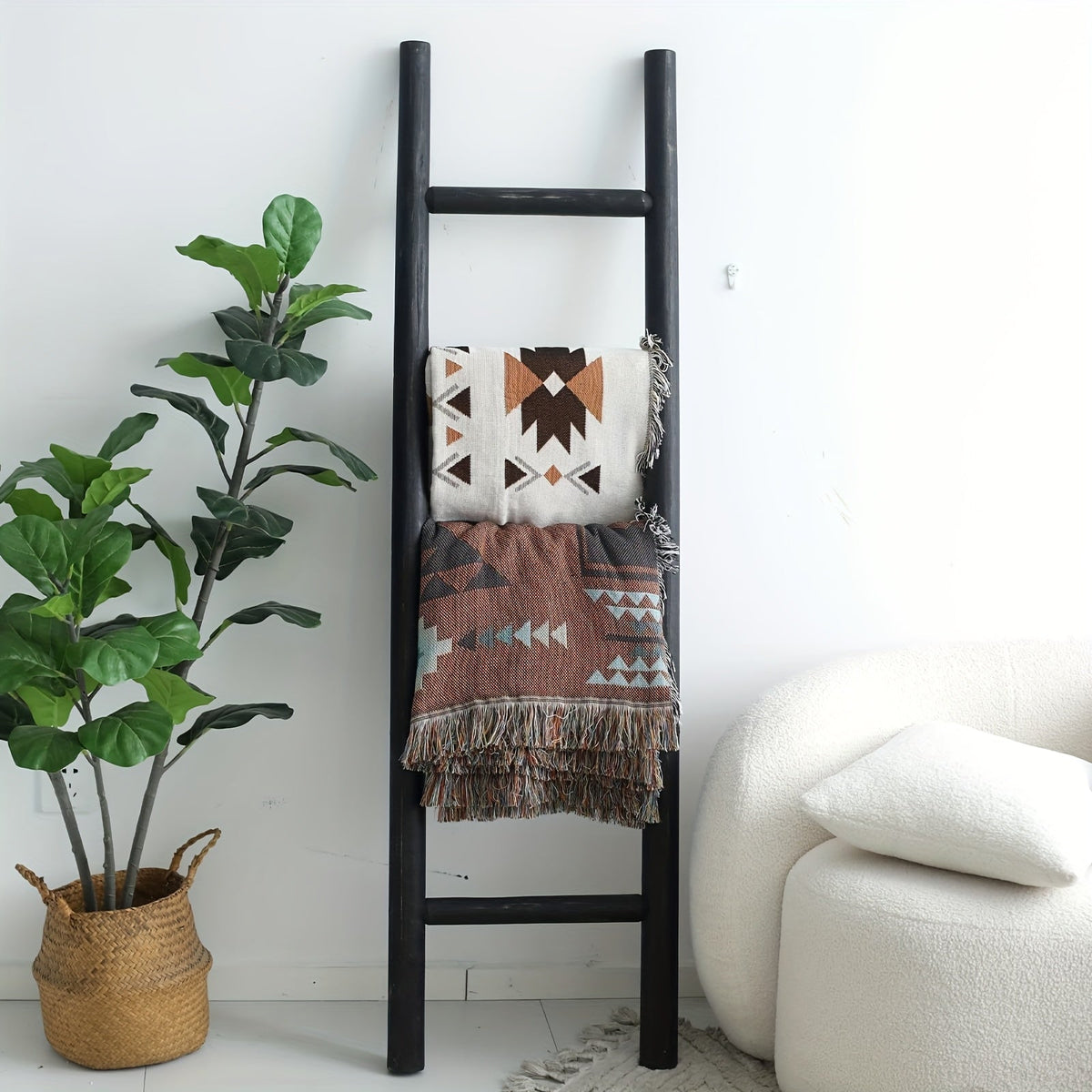Blanket Ladder 57 Inch Wood Freestanding Farmhouse Quilt & Towel Display Rack - Rustic Wooden Wall Leaning Holder for Living Room