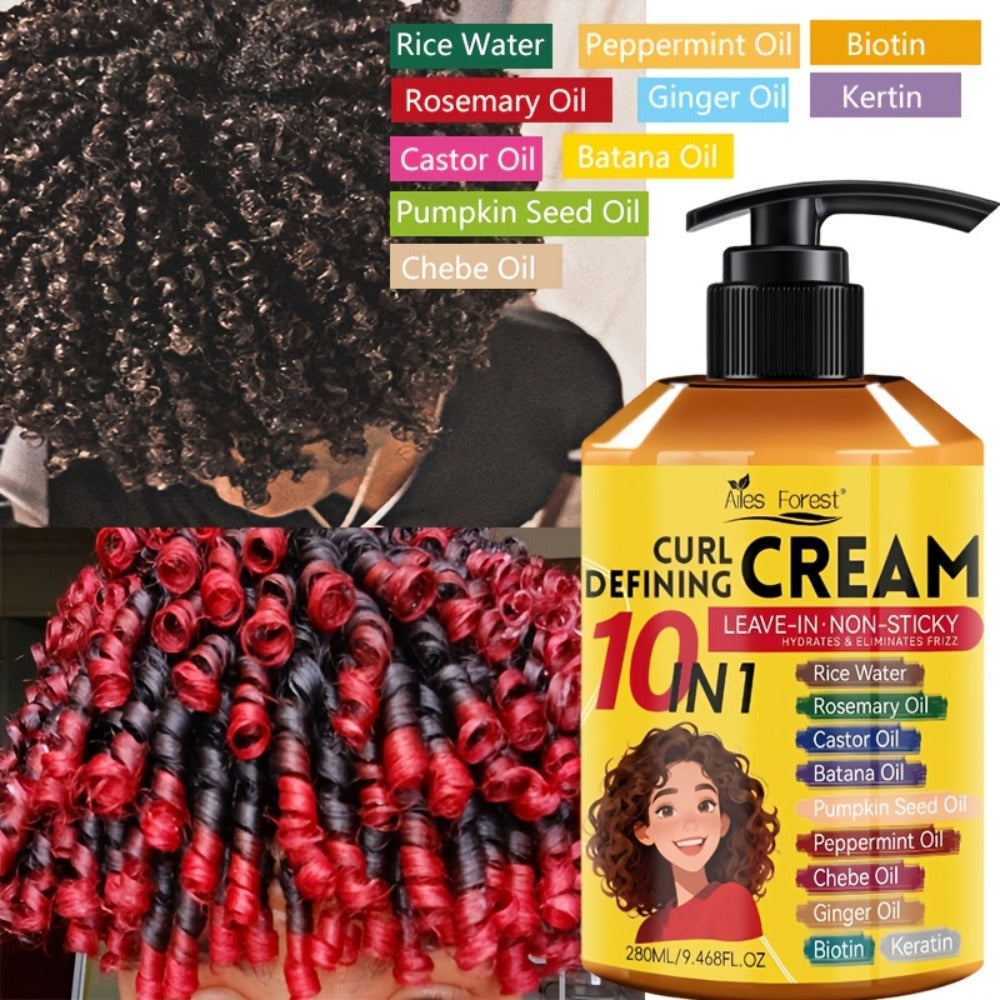 10-in-1 Curl Styling Cream in a 280ml Pump Bottle with Rice Water, Biotin and Named Oils Listed on Label