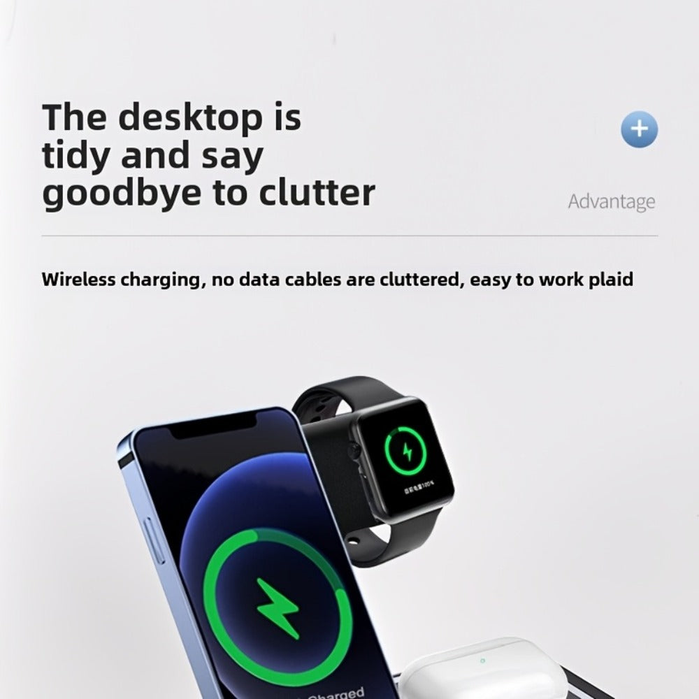 Wireless Charging Station, 3-in-1 15W Upright Stand with QC3.0 Adapter for iPhone, Watch and AirPods Models