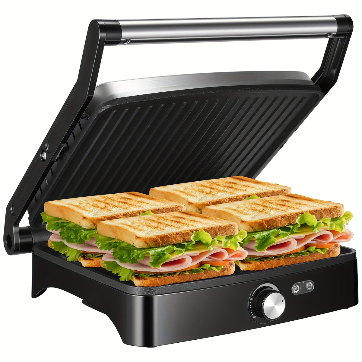 Panini Press Sandwich Maker 1200W, 4-Slice Non-Stick Grill with 180° Opening Adjustable Temperature 120-428°F & Removable Drip Tray