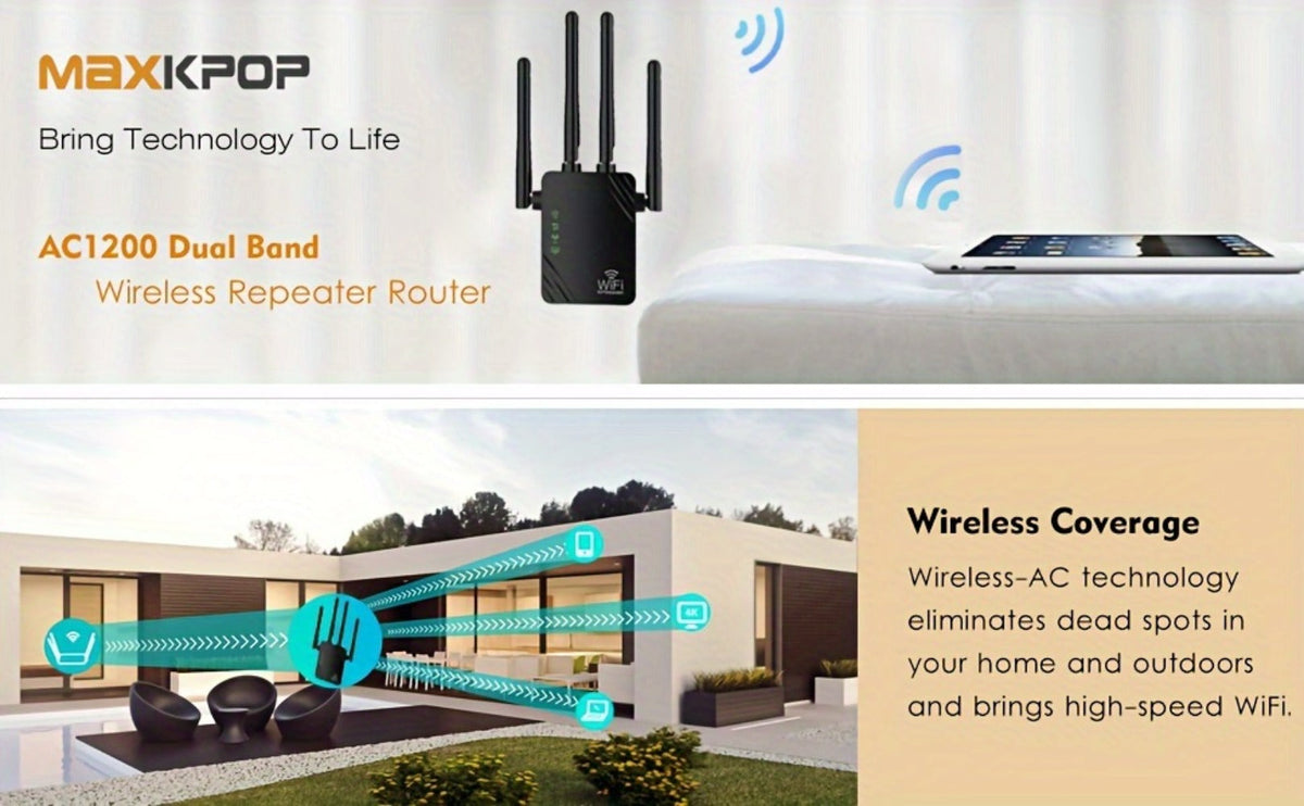 WiFi Range Extender 1200Mbps Dual-Band 2.4/5GHz with Four Antennas, Repeater/AP/Router/WISP Modes and Ethernet Port