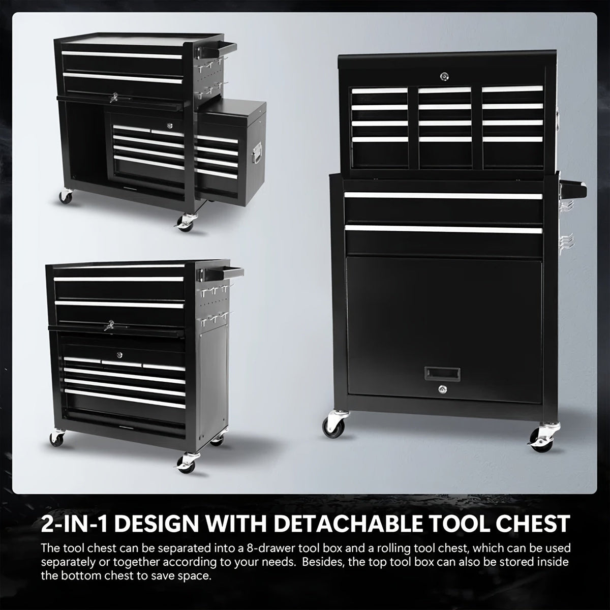 Rolling Tool Chest 8-Drawer Alloy Steel 2-in-1 Mobile Workbench Detachable Top Lockable Wheels Garage for Garden, Patio and Yard Use