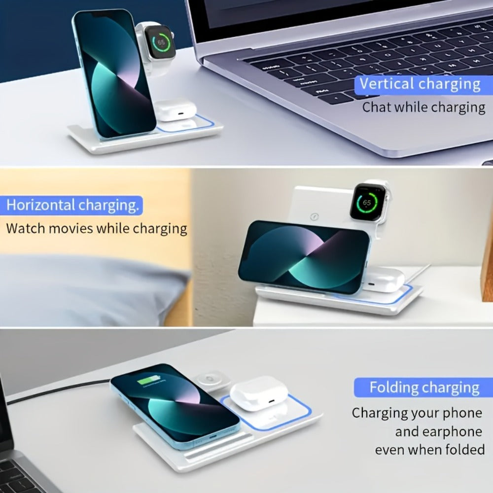 Wireless Charging Station, 3-in-1 15W Upright Stand with QC3.0 Adapter for iPhone, Watch and AirPods Models