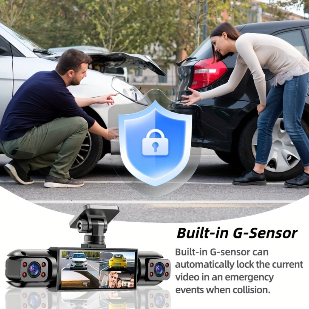 360° Panoramic Dash Cam 3 & 4 Lens 1080P HD Front + 720P Rear Left Right, Quad-Split Screen, HD Night Vision WDR G-Sensor Loop Recording