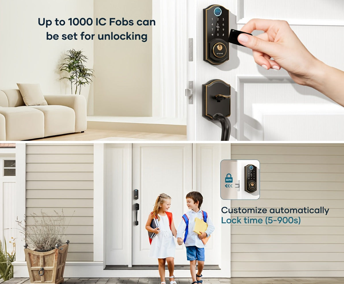 Smart Door Lock SMONET Fingerprint Keypad Bluetooth Deadbolt Handle Set in Bronze Black or Silver