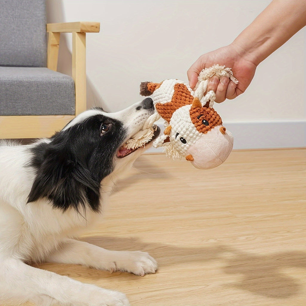 Dog Toy Cow Plush with Squeaker, Crinkle Paper, Woven Legs and Washable Construction for Multiple Dog Sizes