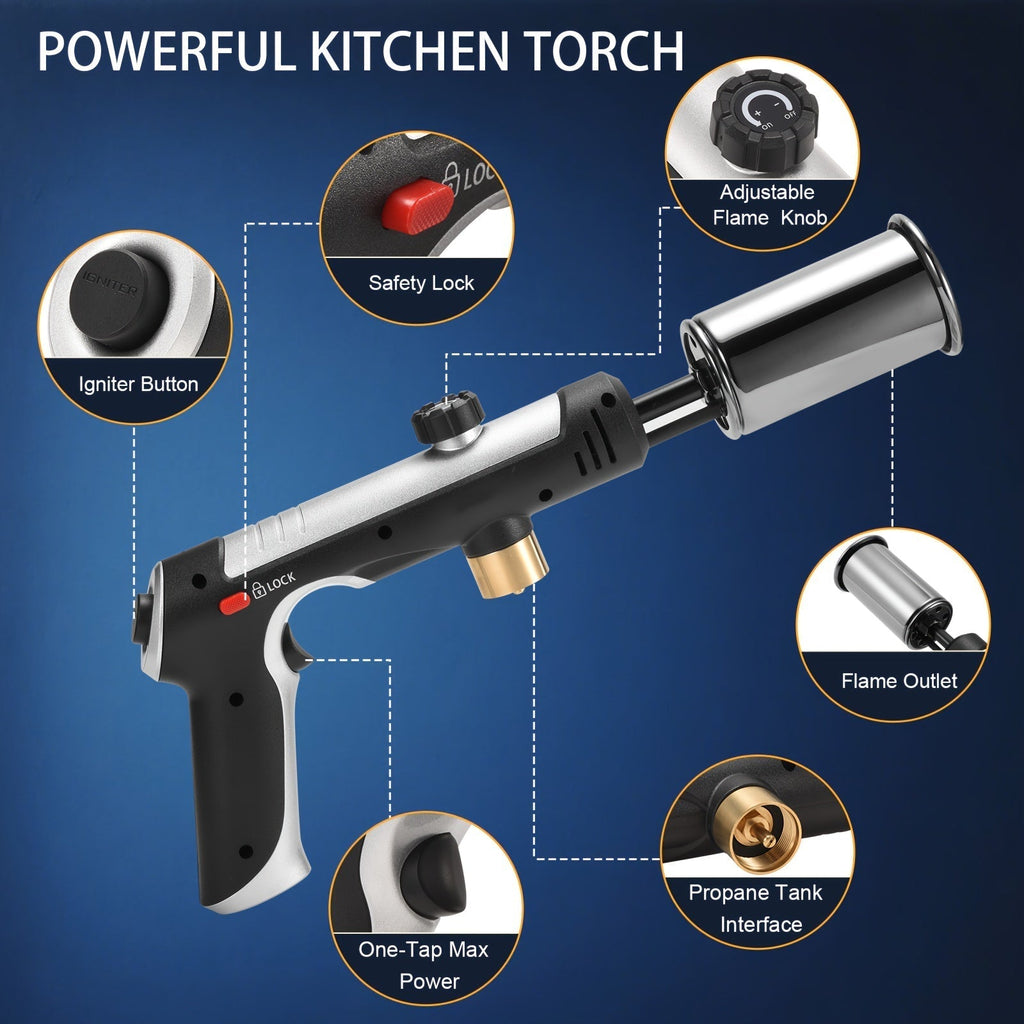 Propane Torch Gun with Safety Lock & One-Touch Max Fire, Adjustable Flame Butane Burner for Searing Steak