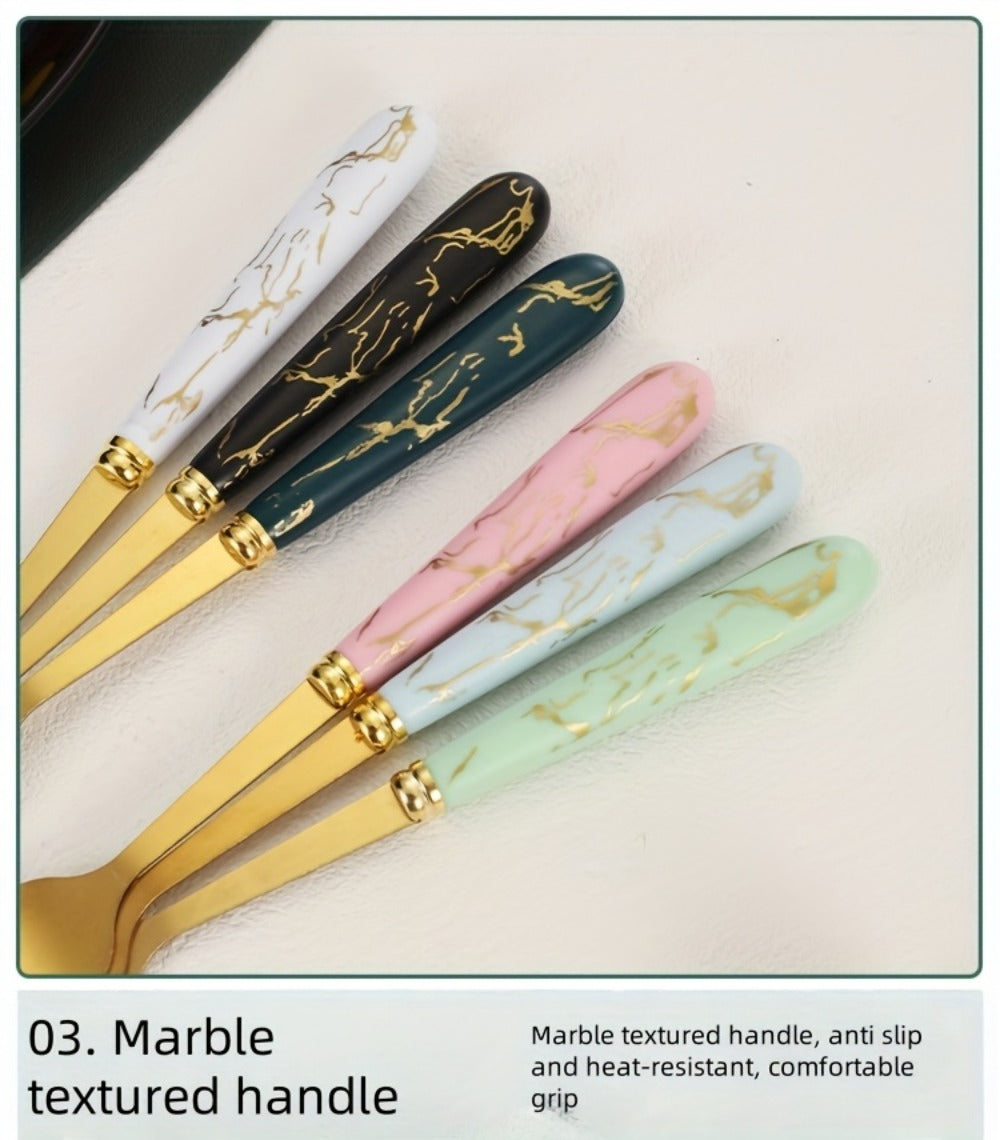 Marble Pattern Cutlery Set 24pcs – Dinner Forks Soup Spoons Teaspoons for Home Hotel Restaurant