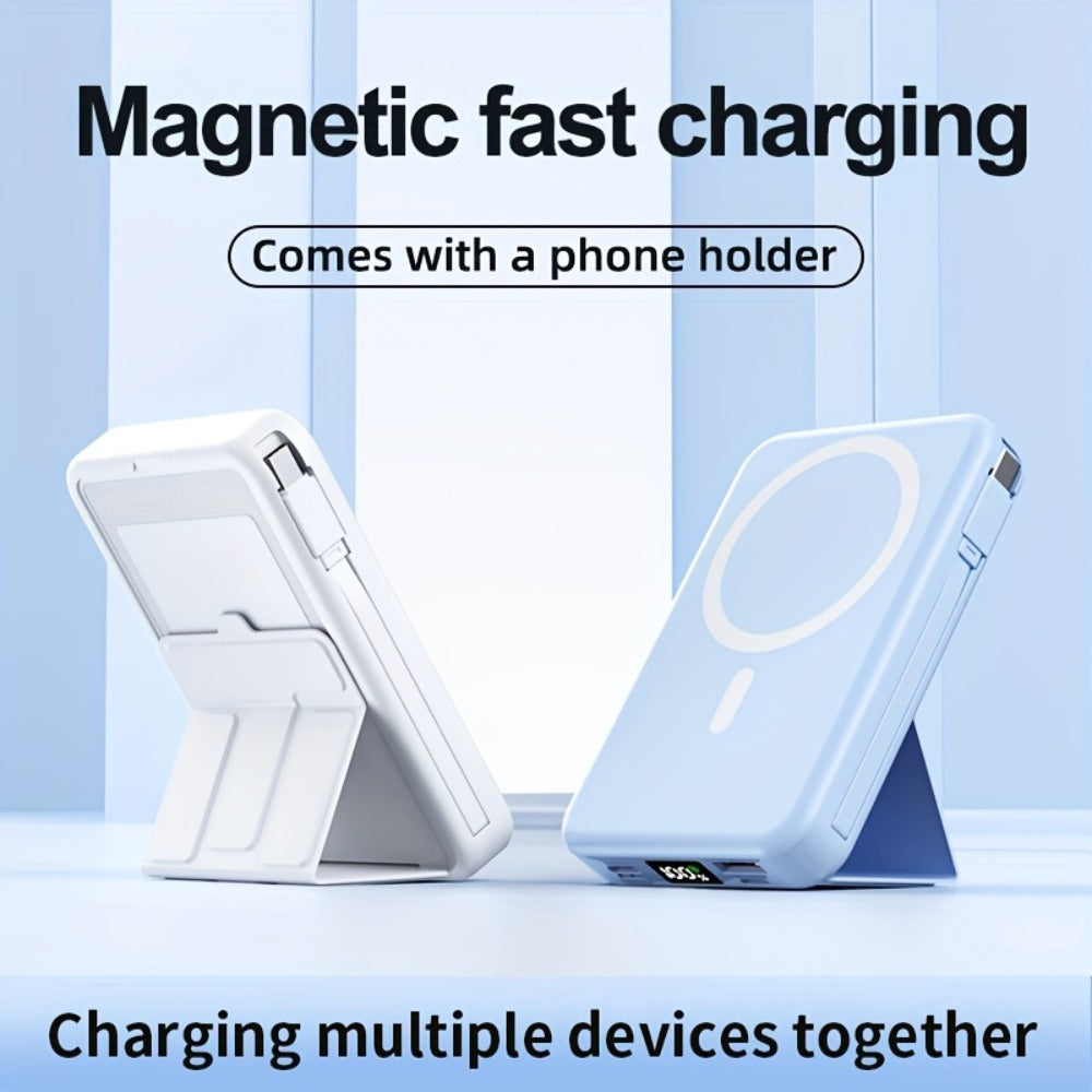 Power Bank 10000mAh Magnetic 15W Wireless and 22.5W Wired with Built-In Cables, Stand and Display