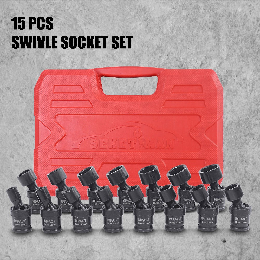 3/8-Inch Drive Impact Socket Set with 15-Piece Swivel or 17+1-Piece Accessory Kits in Red Cases