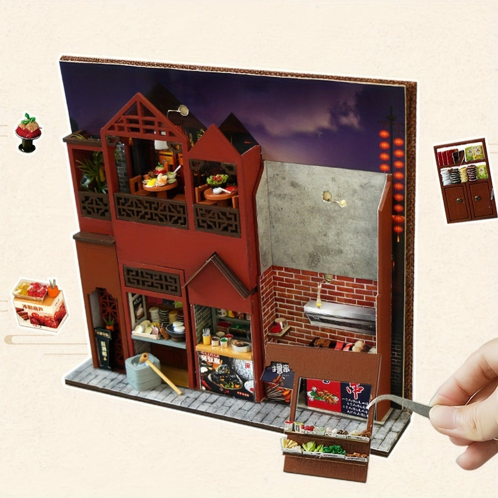 Book Nook Kit Chinese Food Street Miniature Dollhouse 3D Wooden Puzzle Bookshelf Insert DIY Model Building Set for Adults Teens