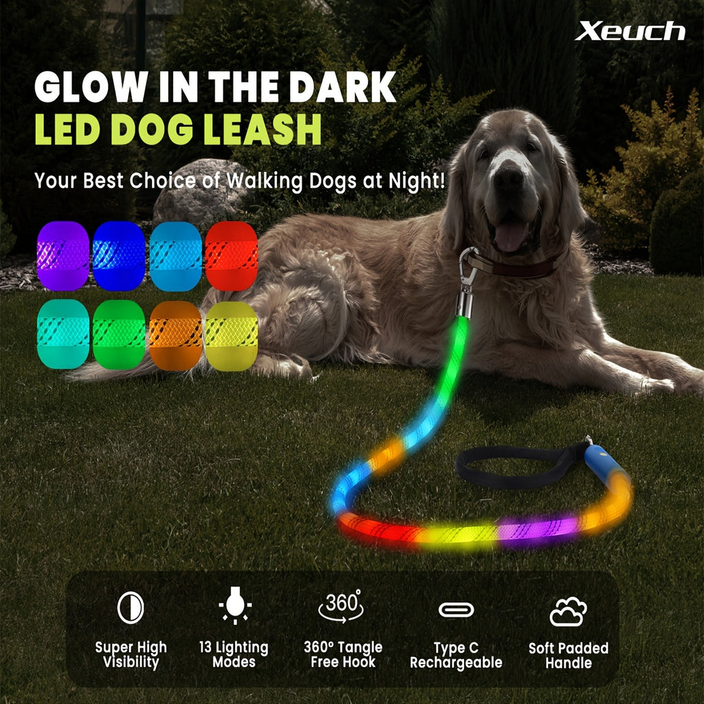 Four-Foot LED Dog Leash with Rechargeable Multicolor Light Strip, Rotating Hook and 13 Pictured Modes