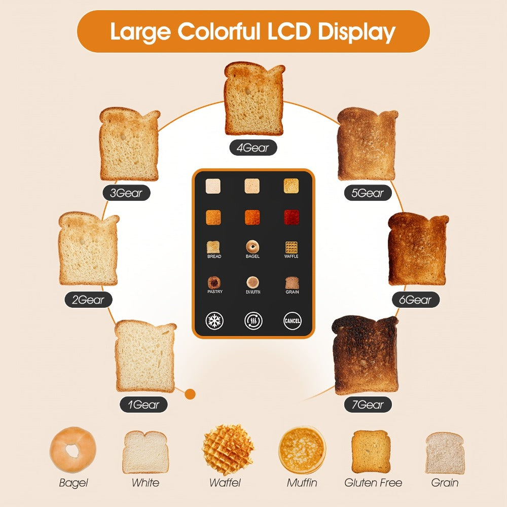 Smart Digital Toaster 2 Slice with Touch Screen LCD Display, 6 Bread Types & 6 Shade Settings, Extra Wide Slots, Stainless Steel – Bagel
