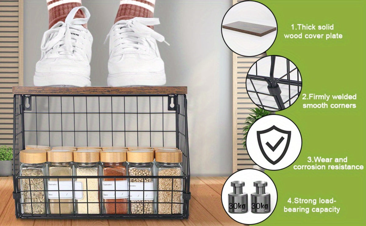 Stackable Metal Wire Fruit Basket with Lid, 1 or 2-Tier Hanging Kitchen Pantry Storage Bin