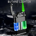 Green Flame Metal Lighter Windproof, Refillable Butane Gas Lighter with Adjustable Flame, Fuel Window & Rocker Arm Ignition
