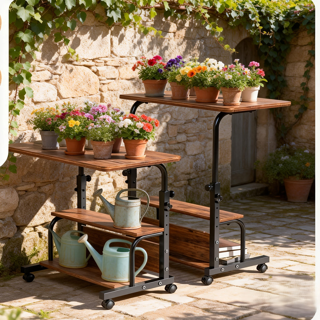 Garden Work Table 31.5" Adjustable Height Mobile Desk with Storage Shelves, Metal Frame, for Patio Outdoor Bedroom Office Potted Plant