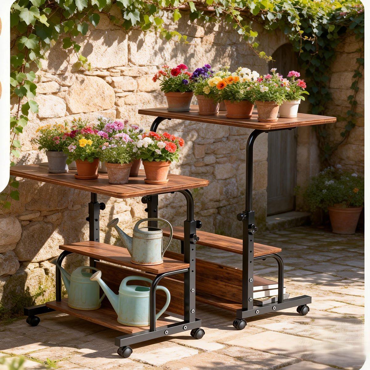 Garden Work Table 31.5" Adjustable Height Mobile Desk with Storage Shelves, Metal Frame, for Patio Outdoor Bedroom Office Potted Plant