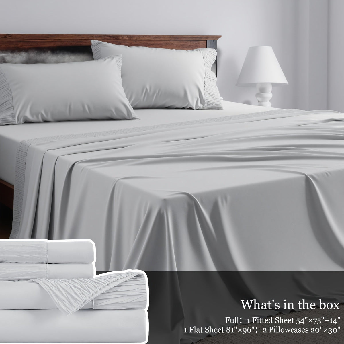 Sheet Set, Four-Piece Solid-Color Bedding with Deep-Pocket Fitted Sheet, Flat Sheet and Two Pillowcases