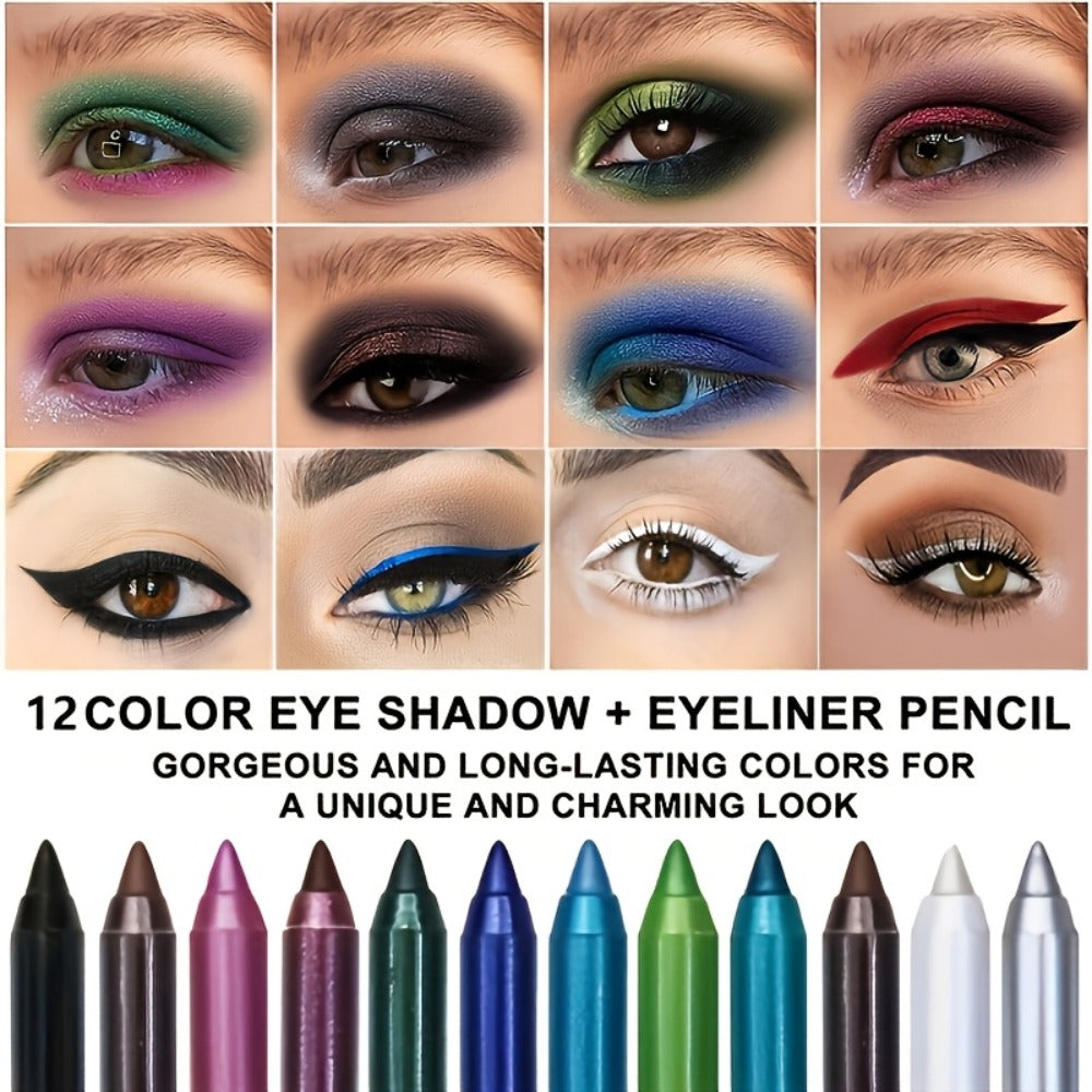 12-Piece Multicolor Eyeliner and Eye Shadow Pencil Set with Dual-Hole Sharpener and 13.7cm Pencils