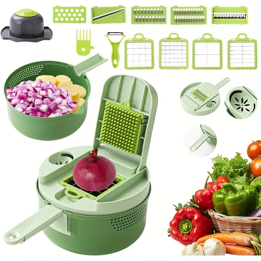 Vegetable Chopper 16-in-1 Manual Food Processor with Container, Onion Dicer, Potato Slicer, Garlic Mincer