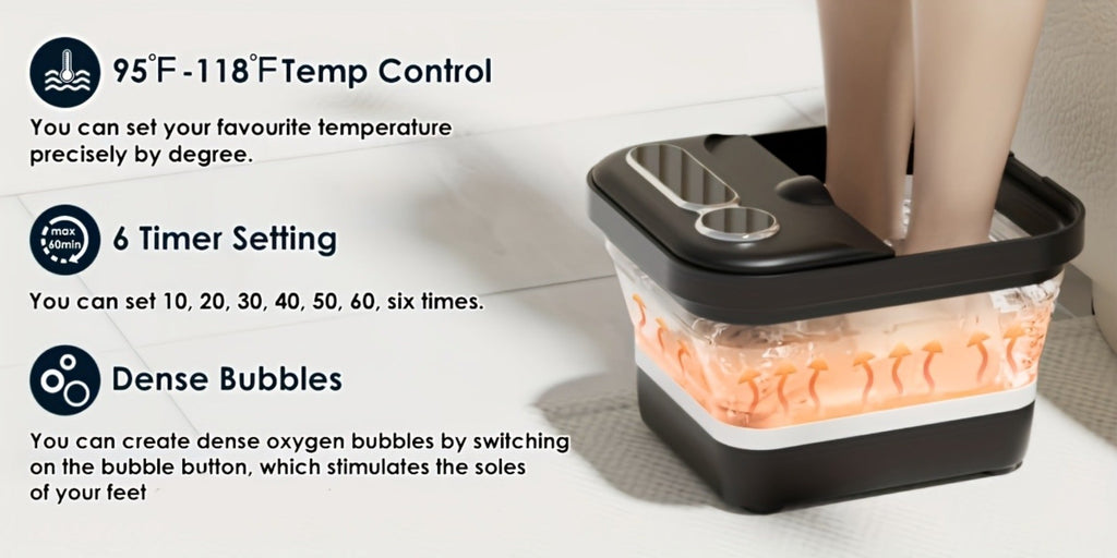 Foot Spa Massager Collapsible with Heater & Temperature Control – Foot Bath with Bubbles, 6 Massage Rollers, Vibration