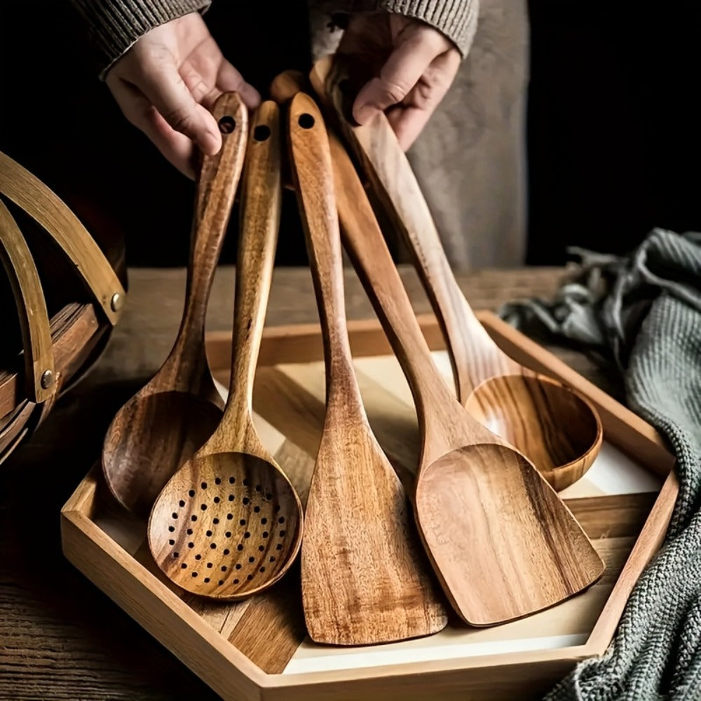 Kitchen Utensils by JIASING, 3-, 5- or 7-Piece Wood Spoon, Spatula, Ladle and Egg-Beater Set Options