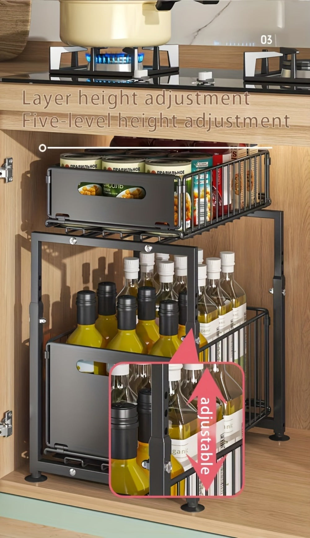 Under Sink Organizer 2-Tier Slide Out Pull Out Drawer Metal Basket Height Adjustable – Under Sink Cabinet Organizer for Kitchen Bathroom