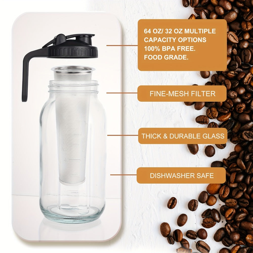 Cold Brew Coffee Maker with Stainless Steel Filter & Cleaning Brush – Large Capacity Glass Mason Jar Pitcher for Home, Kitchen