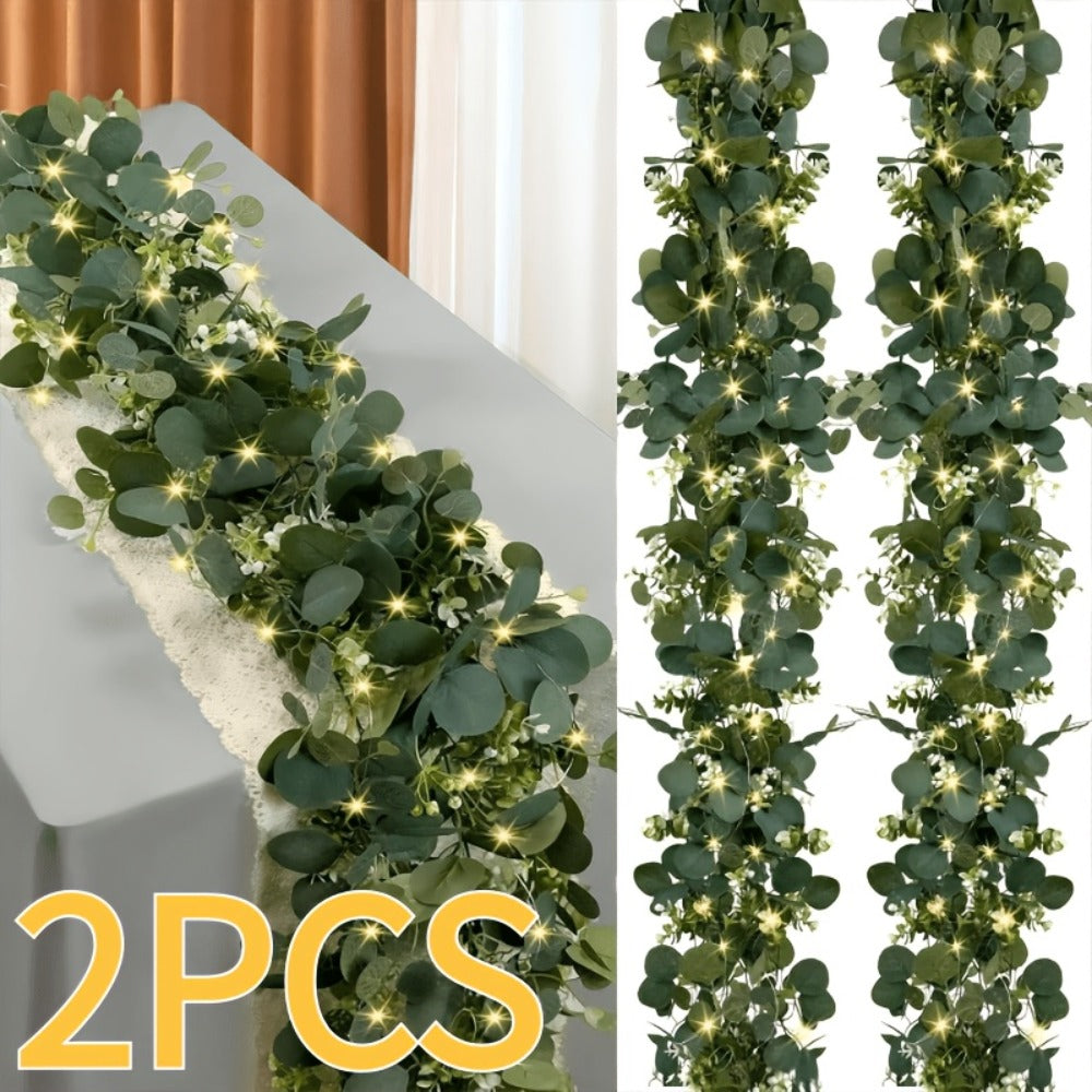 Lighted Eucalyptus Wreath Garland 6FT LED 2 Pack - Artificial Green Vine with Lights for Wedding Centerpiece