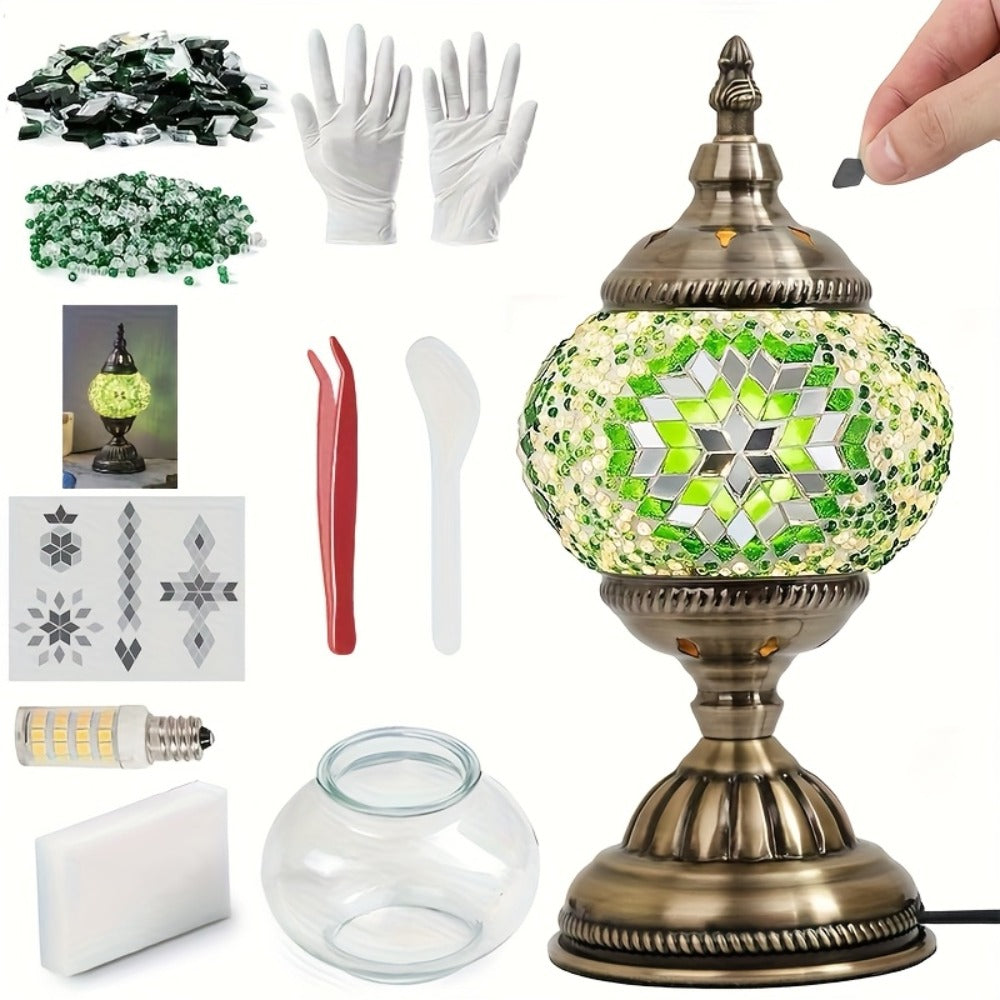 DIY Turkish Moroccan Mosaic Lamp Kit Handmade Glass Metal Brass Dimmable Bohemian Table Light for Entryways, Bedrooms and Living Spaces