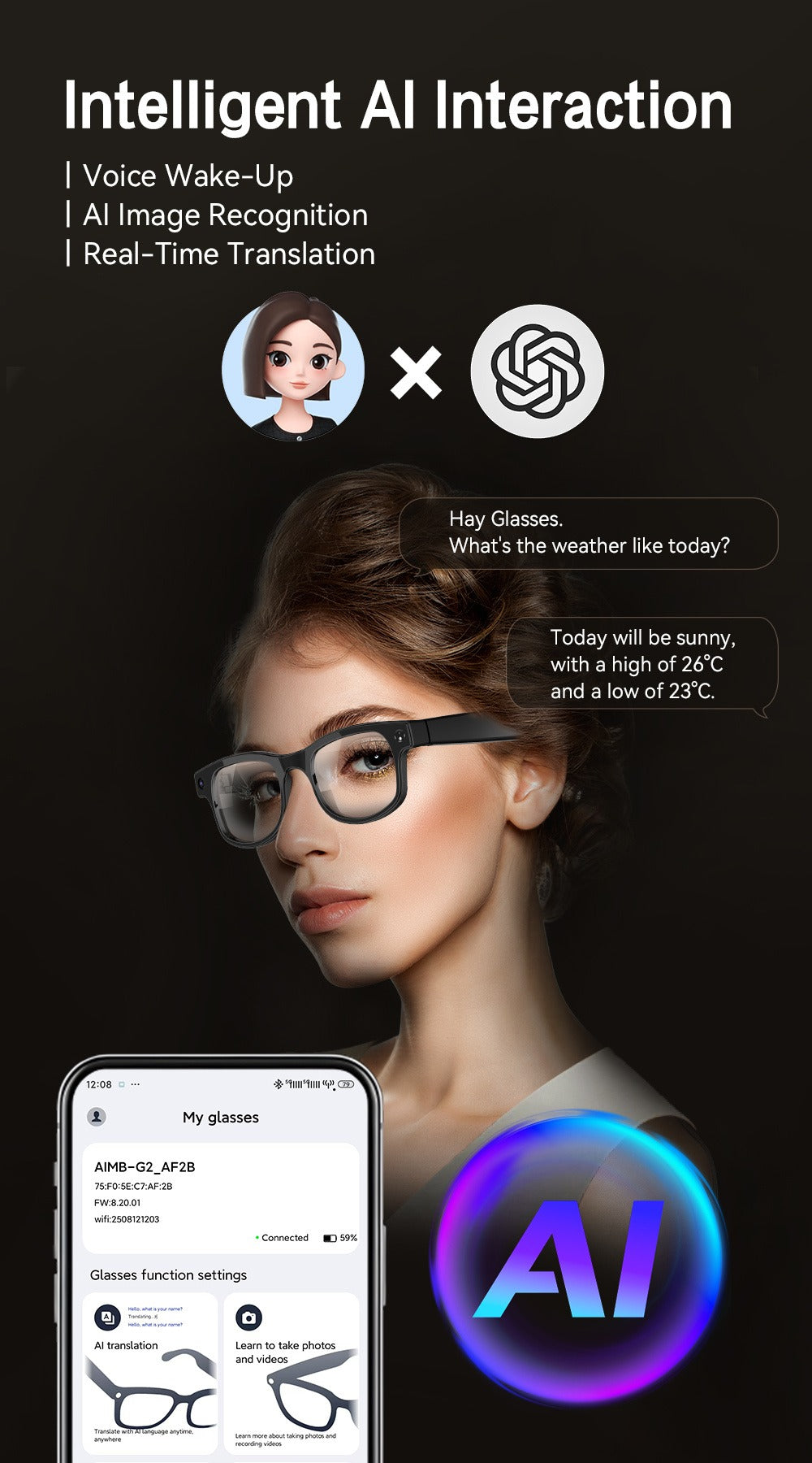 Smart Glasses 8MP Camera Eyewear with Translation, Object Recognition, Touch Control and Bluetooth Calls