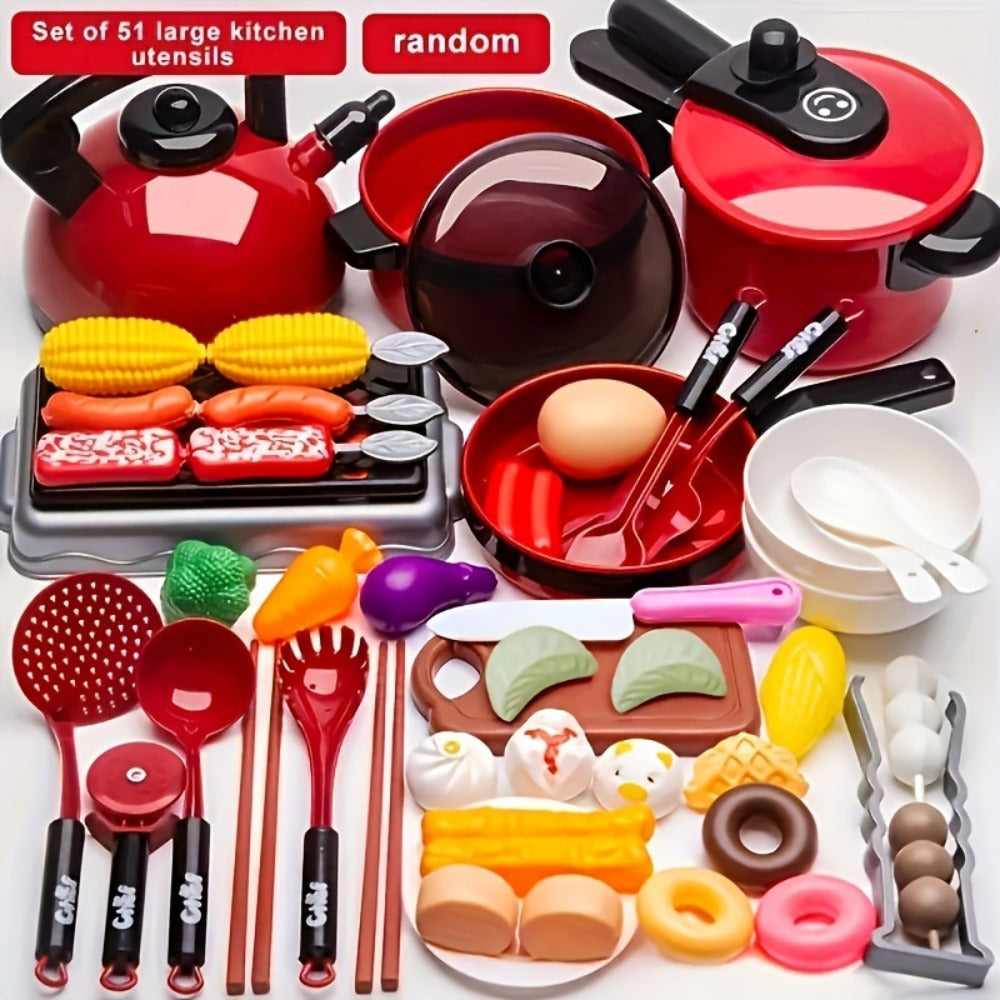 Pretend Play Kitchen Set for Kids, 51PCS Toy Cooking Utensils, Tableware & Play Food for Home Cooking, Dining and Outdoor Meals