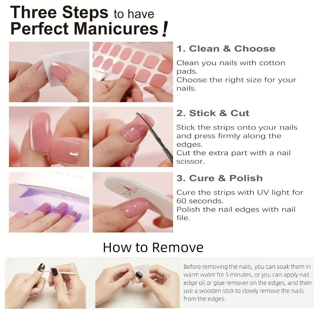 Semi Gel Nail Polish Stickers Kit 20Pcs with 12W LED Nail Lamp 8-Bead Curing Light Full-Wrap Nail Stickers