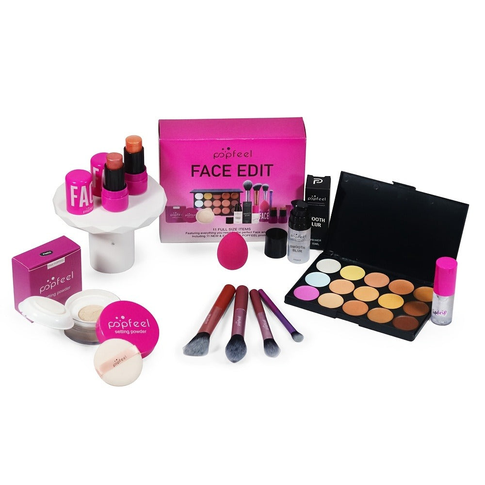 Pink Face Makeup Set with 15-Pan Face Palette, 9-Pan Color Palette, Four Brushes and Lip, Eye and Powder Products