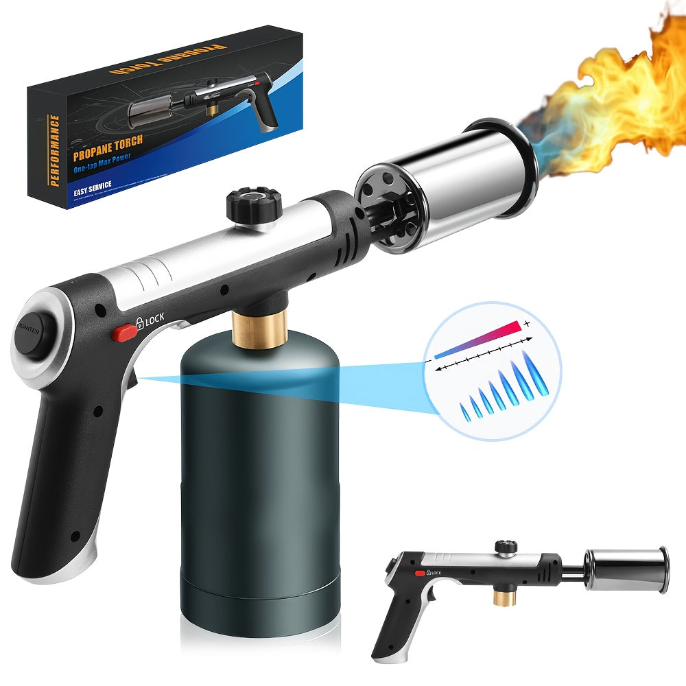 Propane Torch Gun with Safety Lock & One-Touch Max Fire, Adjustable Flame Butane Burner for Searing Steak