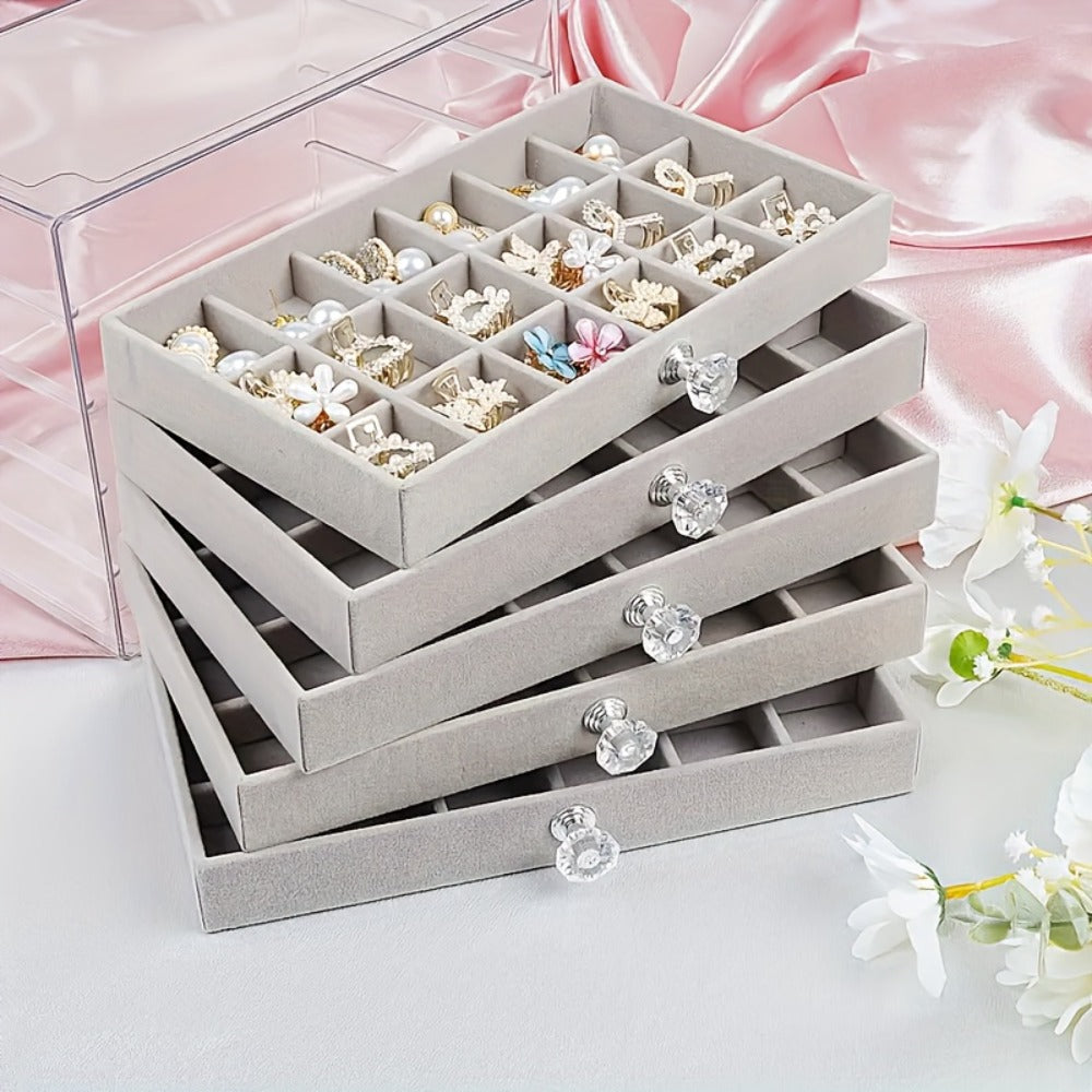 Jewelry Organizer 5-Tier 56-Grid Drawer Box in Gray or Beige for Rings, Earrings, Brooches and Hair Clips