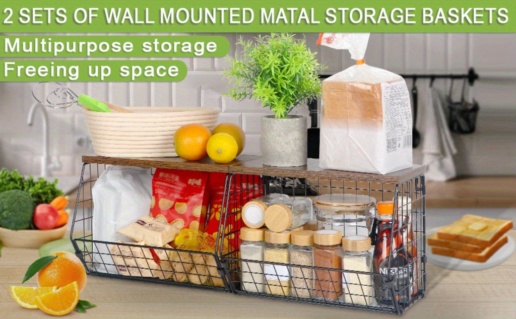 Wall-Mounted Fruit Basket with Wooden Cover – 2-Tier Metal Kitchen Storage Basket with Hooks, Stackable Hanging Organizer for Potatoes