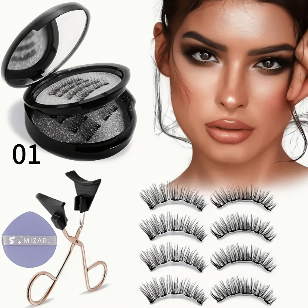 Magnetic False Eyelashes Kit with Eight Pairs, Round Storage Case and Metal Applicator Clip