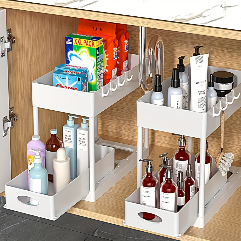 Under Sink Storage Organizer Set of 2 with Dual-Tier Sliding Baskets and 8 Hooks in Three Colors