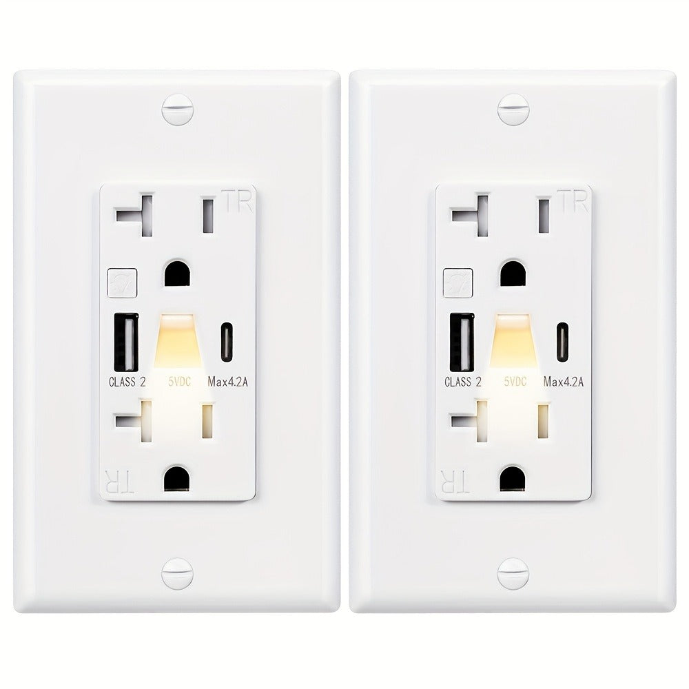 USB Wall Outlet with Night Light 20A 125V Tamper-Resistant - Type A & Type C Ports 5V 4.2A for Entryways, Bedrooms and Living Spaces